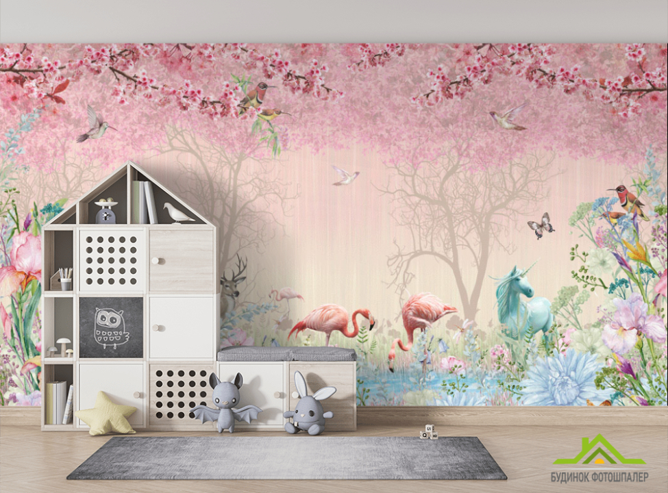 выбрать Фотообои Розовые фламинго в райском саду Фотообои в детскую на стену