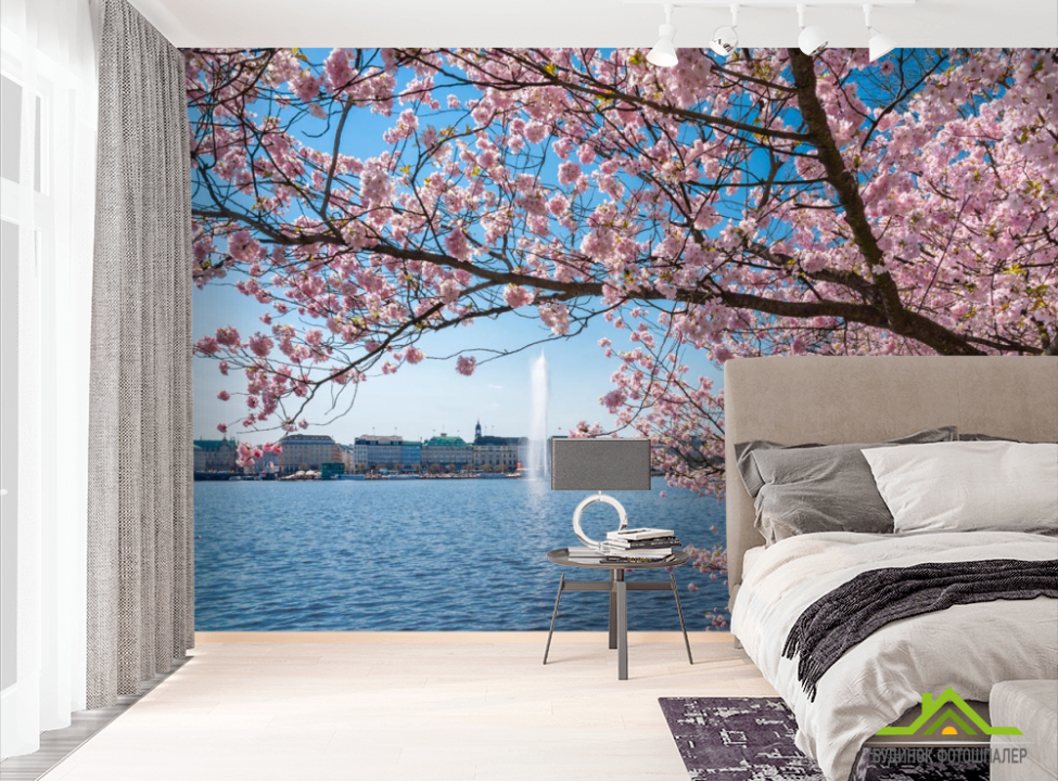выбрать Фотошпалери сакура над річкою з фонтаном Фотошпалери Природа на стіну