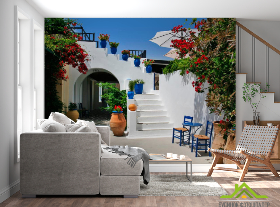 выбрать Фотообои Ступеньки с горшками Фотообои Греция на стену