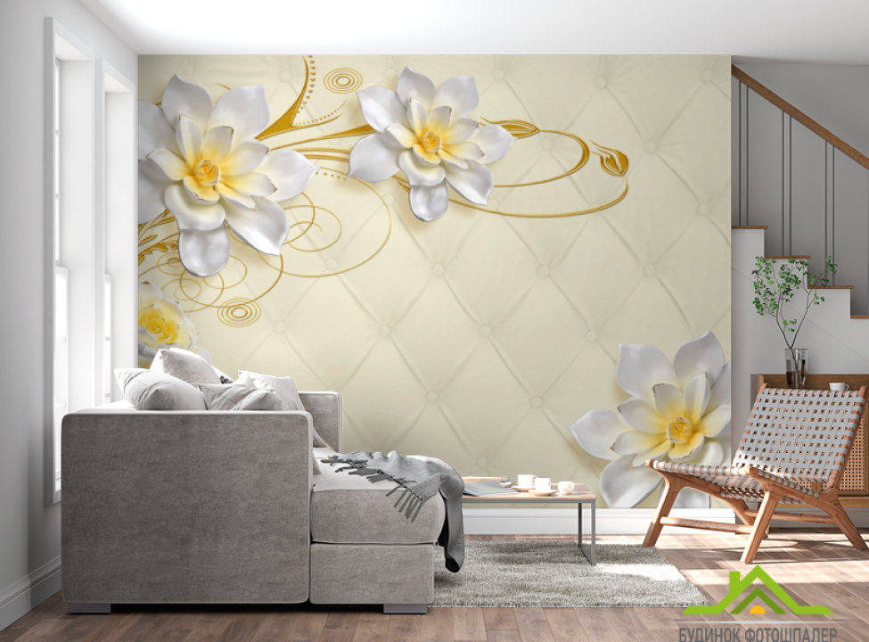 выбрать Фотообои Керамические цветы на фоне кожи Фотообои 3Д барельеф на стену