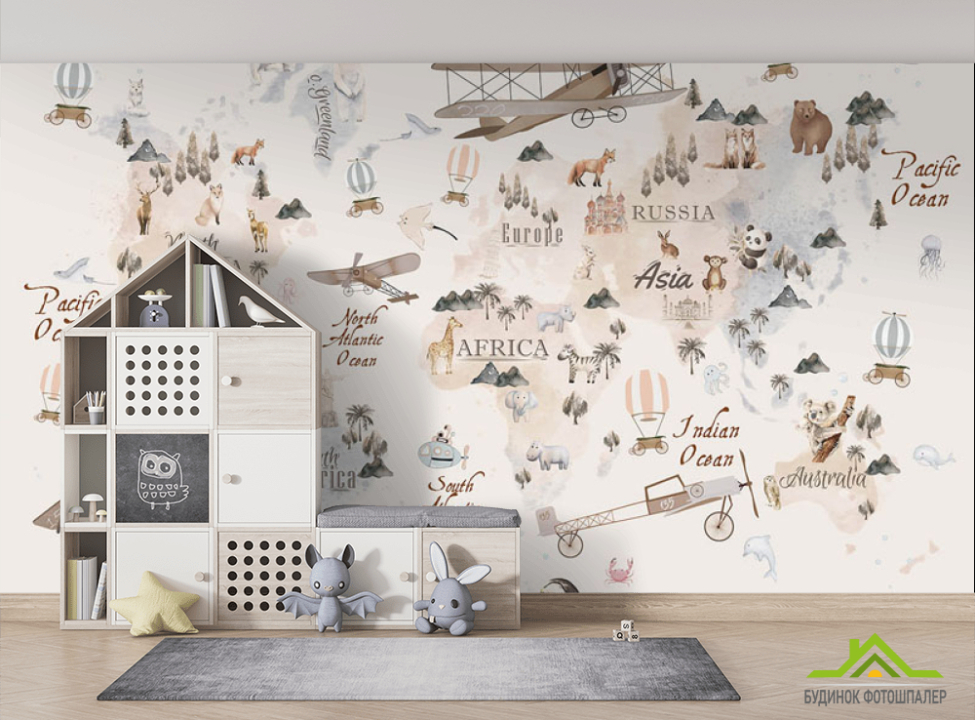 выбрать Фотошпалери Бежева карта з повітряними кулями і літаками англійською Фотошпалери Розвиваючі карти на стіну