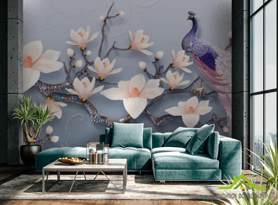 выбрать Фотообои Цветы магнолии и павлин Фотообои Восточный стиль на стену