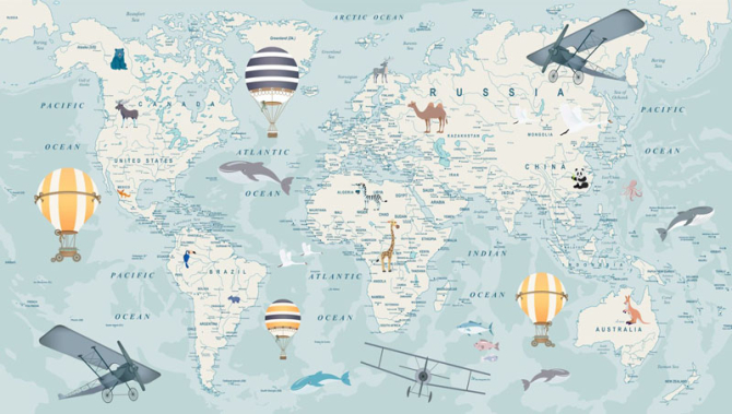 Фотошпалери блакитна карта світу з літаками англійською