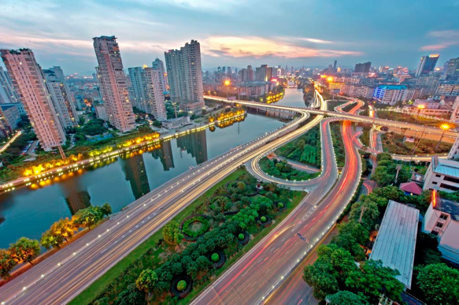 Фотошпалери Набережна, вогні, захід