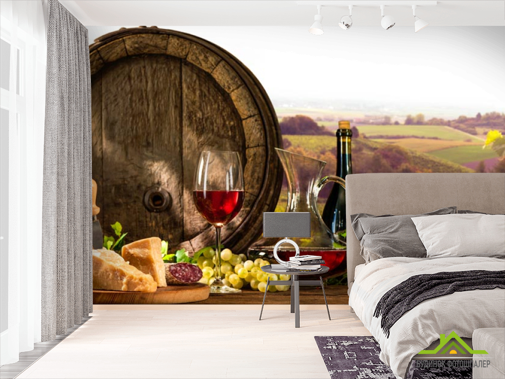 Фотошпалери бочка, сир і вино
