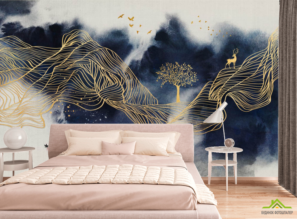 выбрать Фотообои Синие горы с золотом Фотообои в спальню на стену