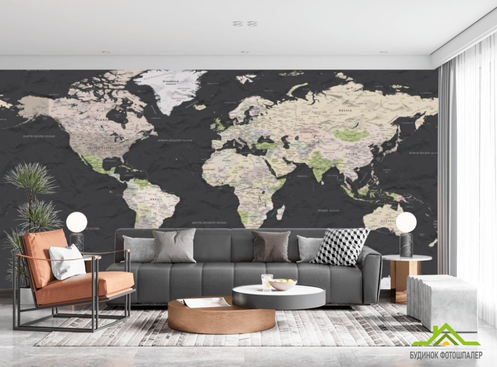 выбрать Фотообои Чёрная 3d карта Фотообои карта Мира на стену
