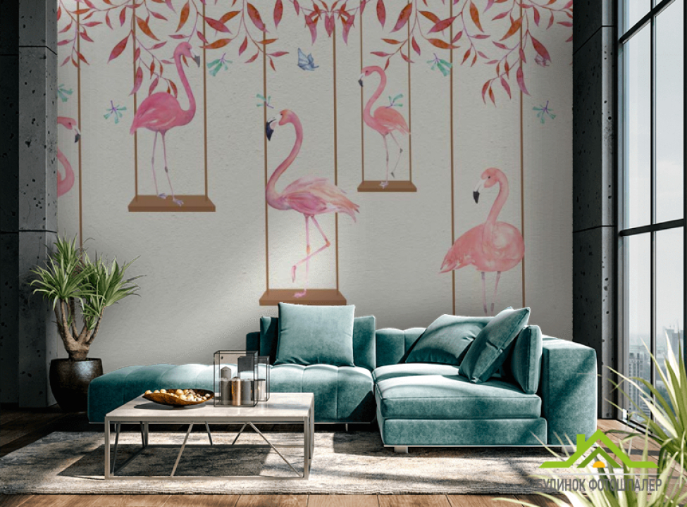 выбрать Фотошпалери Фламінго на гойдалках Фотошпалери Тварини на стіну