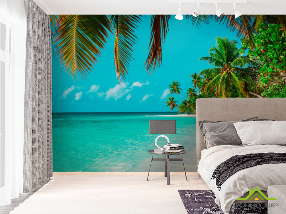 Фотошпалери багато пальм над блакитним морем