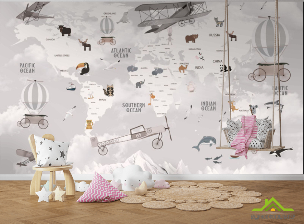 выбрать Фотообои Бежевая карта детская минималистичная на английском языке Фотообои в детскую на стену