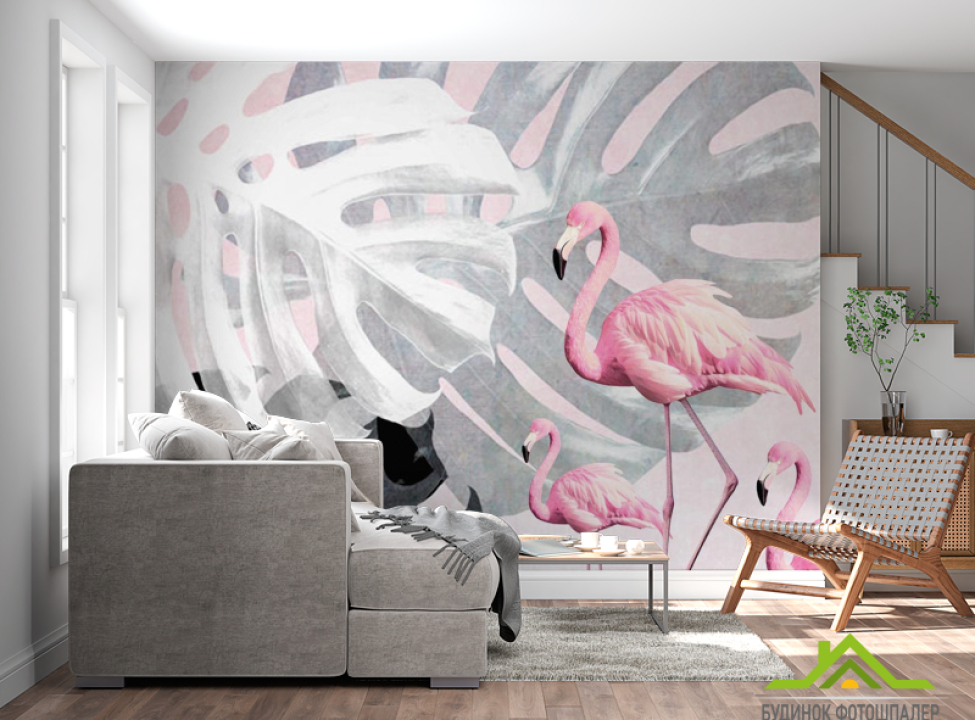 выбрать Фотошпалери Фламінго і Монстера Фотошпалери Тварини на стіну