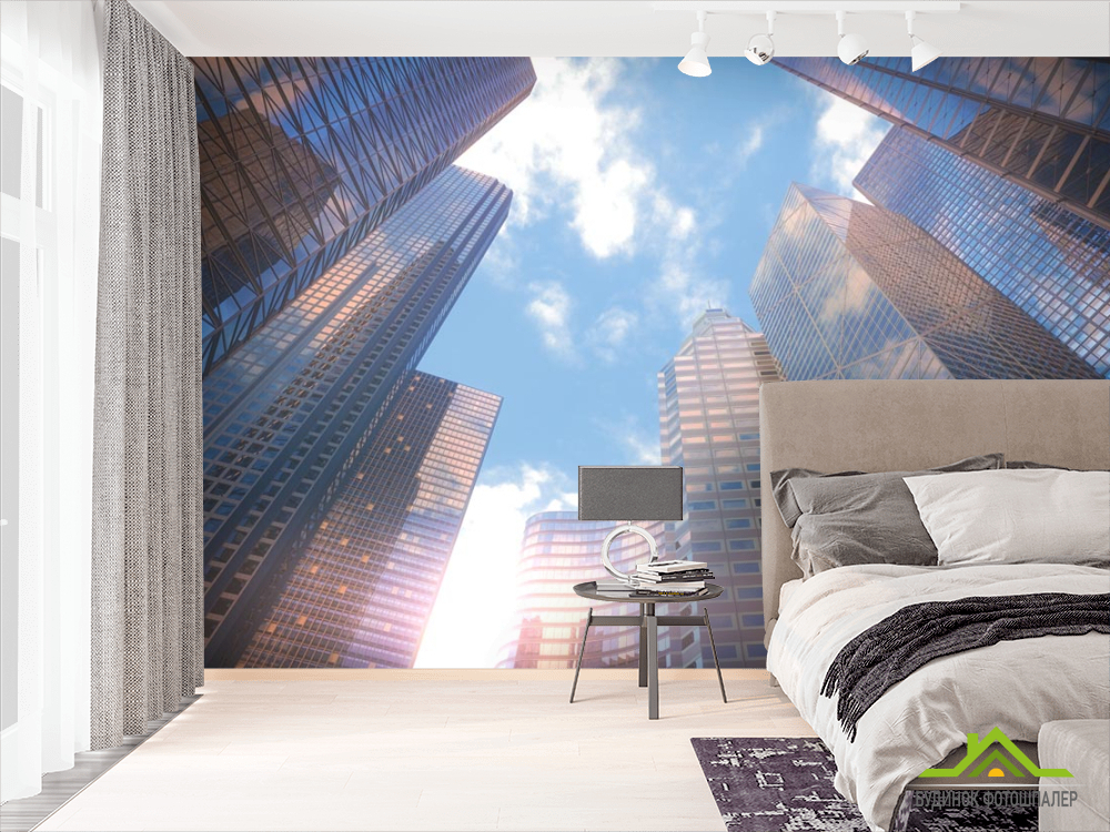 Фотообои верхушки стеклянных небоскребов