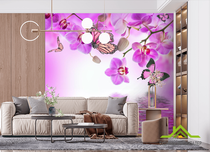 Фотошпалери орхідеї з метеликами над водою