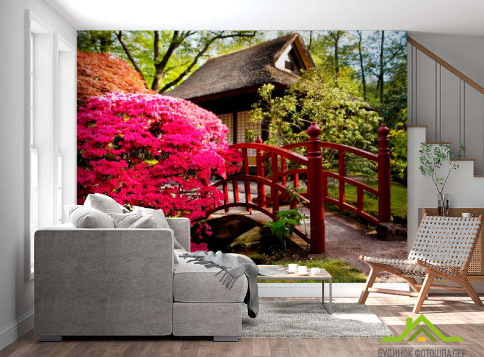 выбрать Фотошпалери Будинок, квіти, міст Фотошпалери Рожеві дерева на стіну