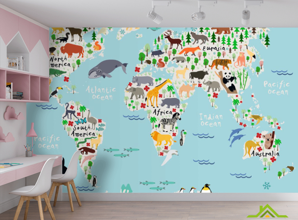 выбрать Фотообои Голубая карта с животными Фотообои Развивающие карты на стену
