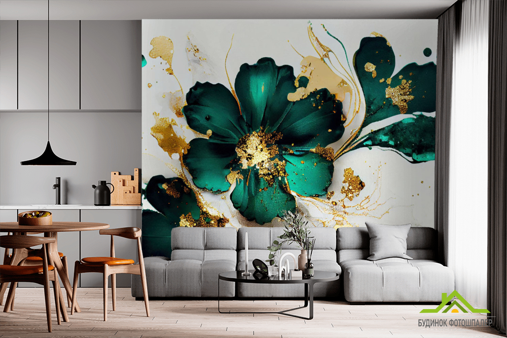 Фотообои зеленые цветы с золотом