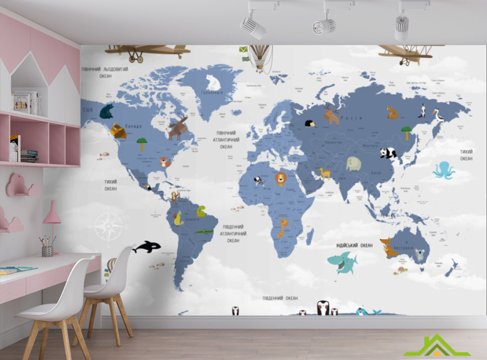 выбрать Фотообои Карта детская на украинском синие континенты Фотообои Развивающие карты на стену