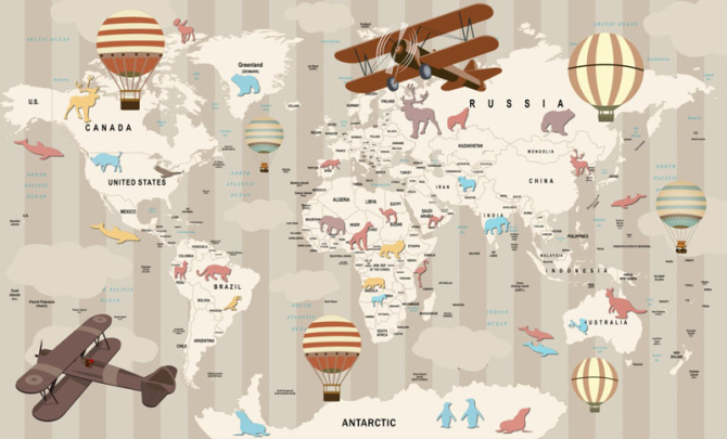Фотообои карта мира с животными и самолетами
