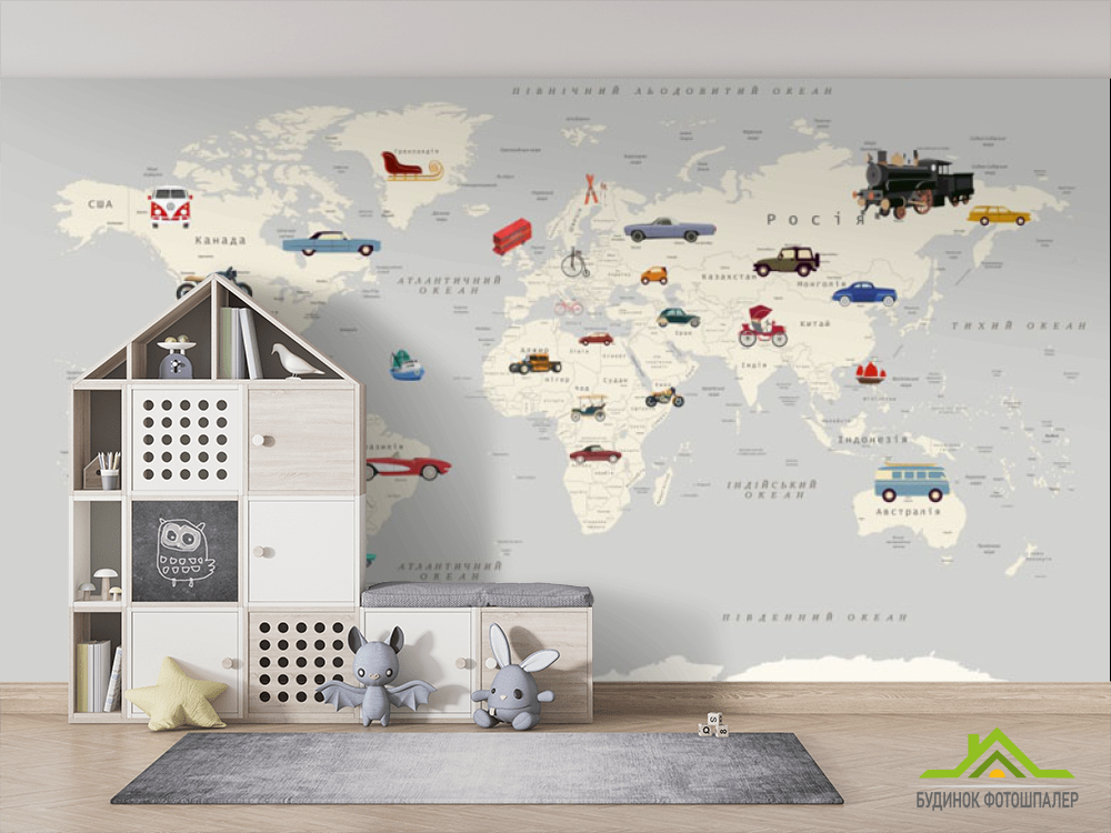 Фотообои Серая карта для мальчика с машинами