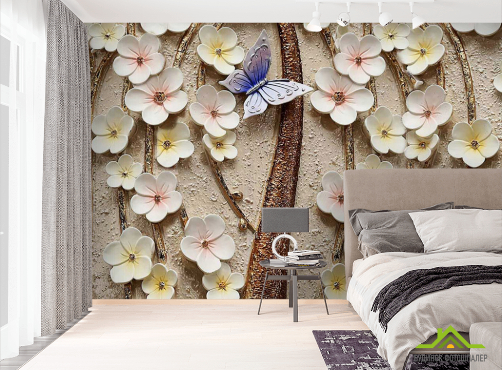 выбрать Фотообои Керамические цветы с бабочкой Фотообои 3Д барельеф на стену
