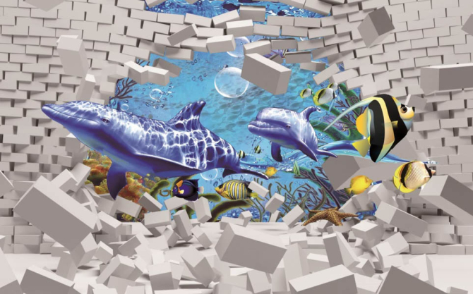 Фотообои Кирпичная стена и дельфины