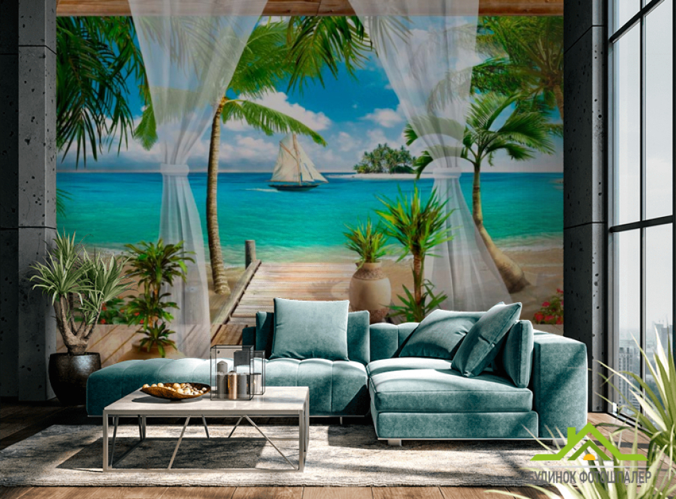 выбрать Фотошпалери Море, човен, берег, тераса Фотошпалери Фрески на стіну