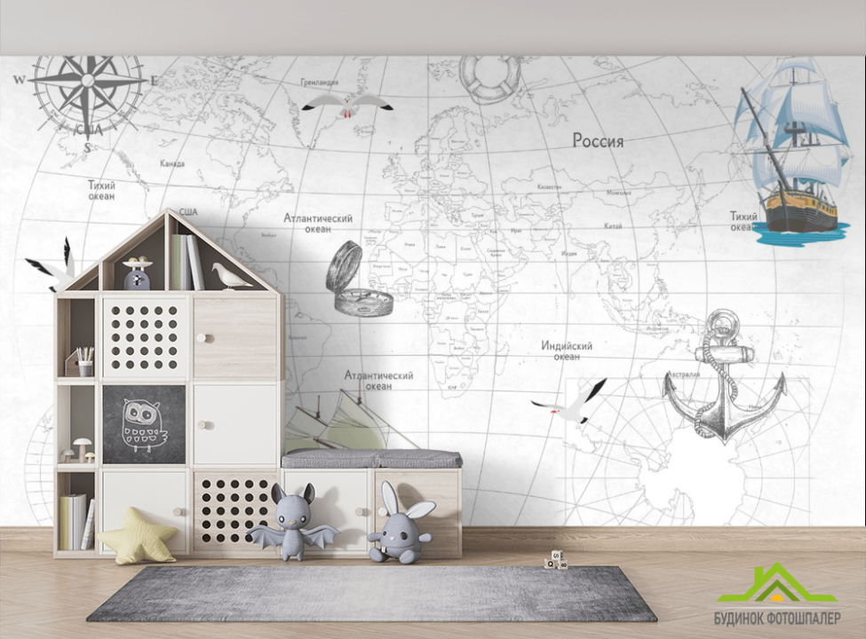 выбрать Фотообои Детская карта с кораблями Фотообои в детскую на стену