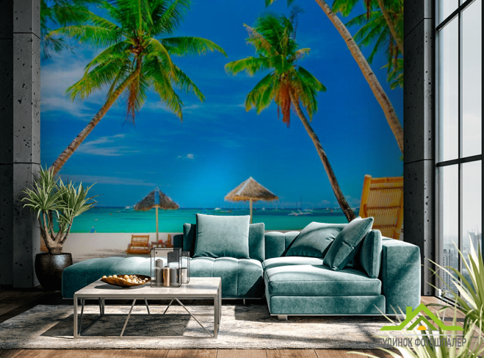 выбрать Фотообои Шезлонг, пальмы, пляж Фотообои Пляж на стену