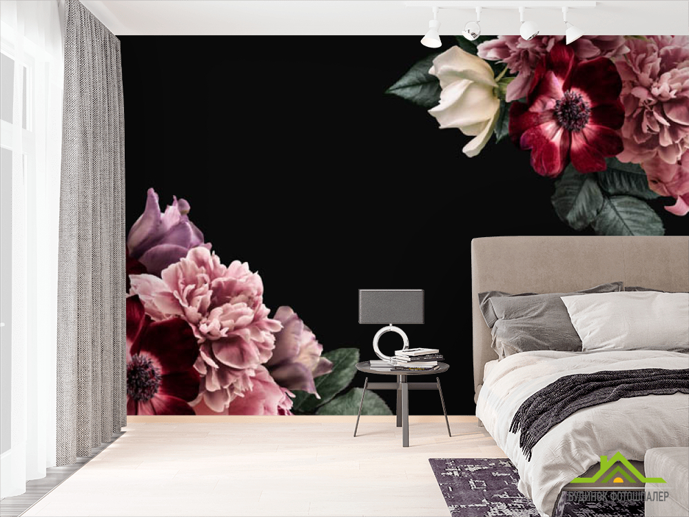Фотообои Цветочный микс на чёрном