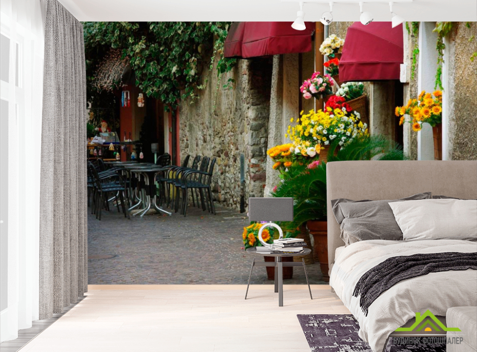 выбрать Фотошпалери Кафе на вулиці з квітами Фотошпалери Вулиці на стіну