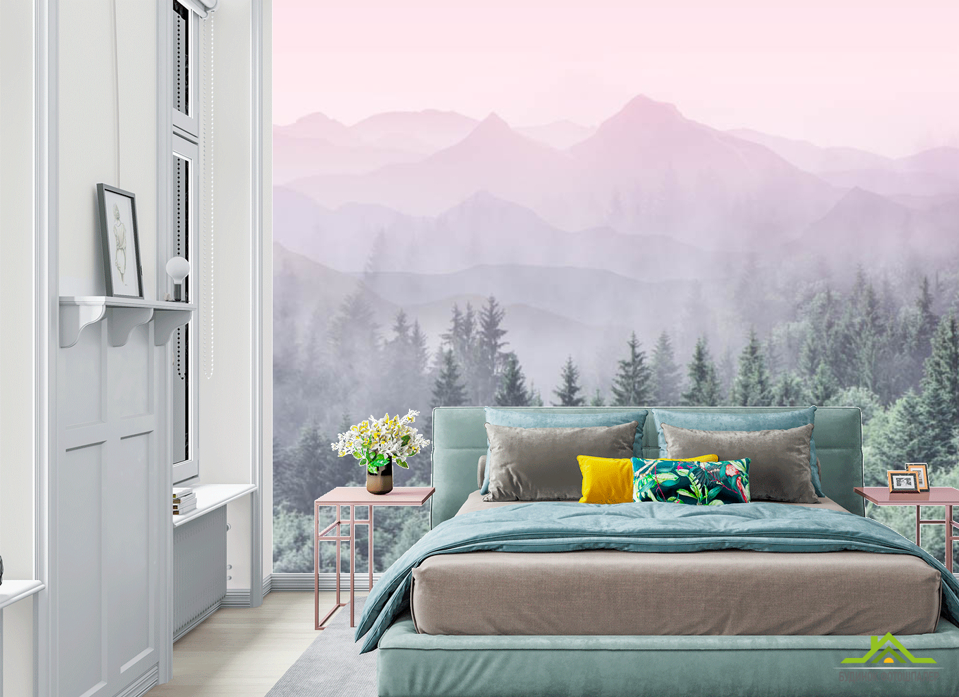 Фотообои Лес с розовыми горами