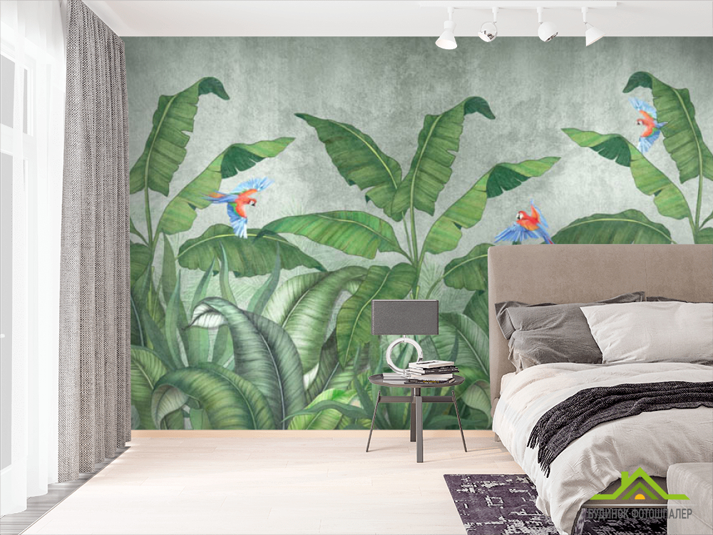 Фотошпалери бананове листя з папугами