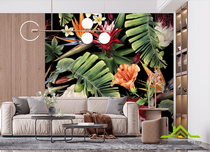 Фотообои Тропические листья на черном