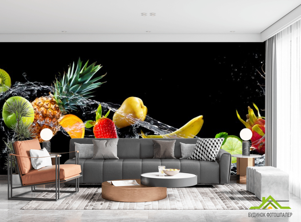 выбрать Фотообои фрукты и вода на черном фоне Фотообои Еда и напитки на стену