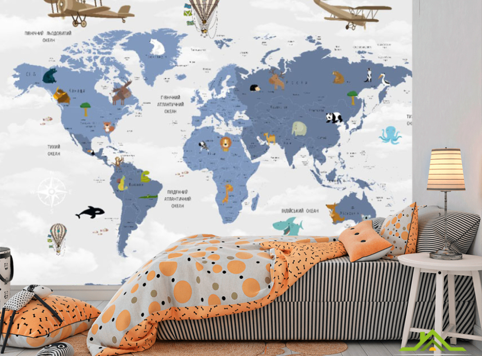 выбрать Фотообои Карта детская синие континенты на украинском Фотообои в детскую на стену