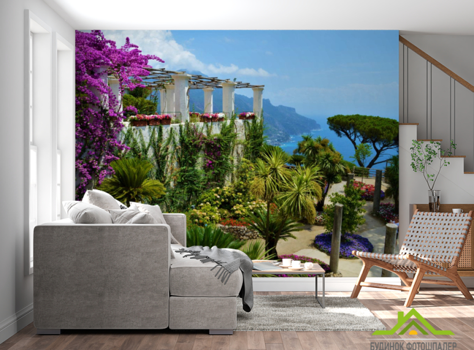 выбрать Фотошпалери вид на море з квіткового саду Фотошпалери Природа на стіну