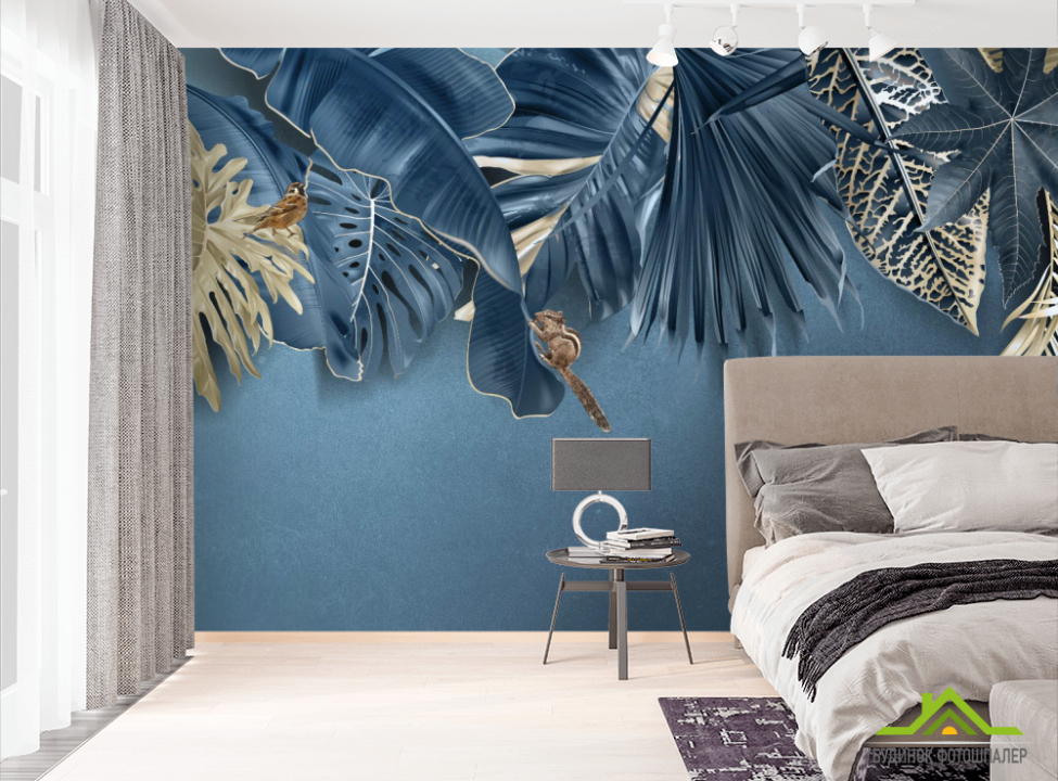 выбрать Фотошпалери Синьо золоті листя Фотошпалери тропічні листя на стіну