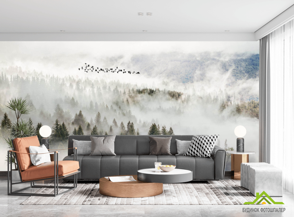выбрать Фотошпалери птиці над туманним лісом Фотошпалери Природа на стіну