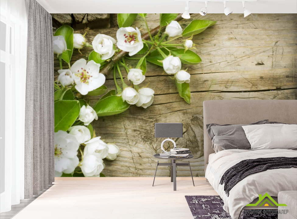 выбрать Фотошпалери білі цветоки на тлі дерев'яно Фотошпалери Квіти на стіну
