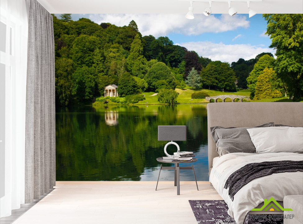 выбрать Фотообои домик и мостик над озером Фотообои Природа на стену