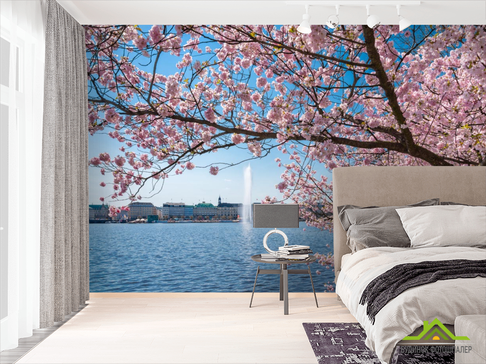 Фотообои сакура над рекой с фонтаном