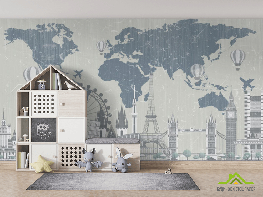 Фотообои Карта с архитектурными достояниями мира