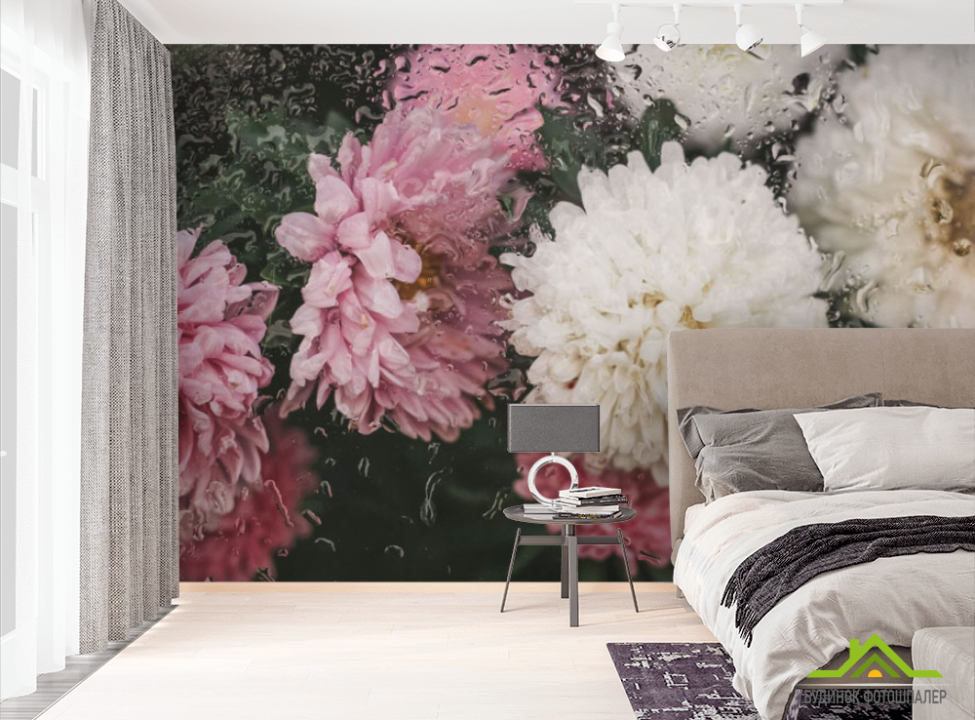 выбрать Фотошпалери Хризантеми з краплями дощу Фотошпалери Квіти на стіну