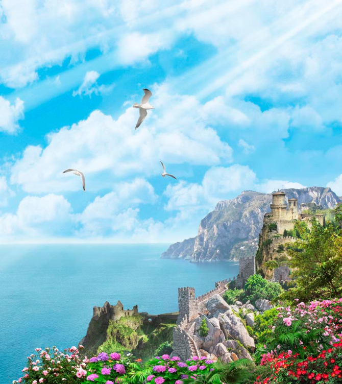 Фотообои Чайки, небо, замок