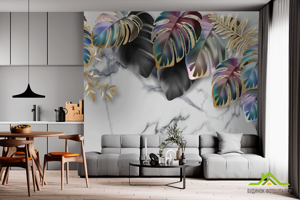 Фотообои тропические листья с золотом