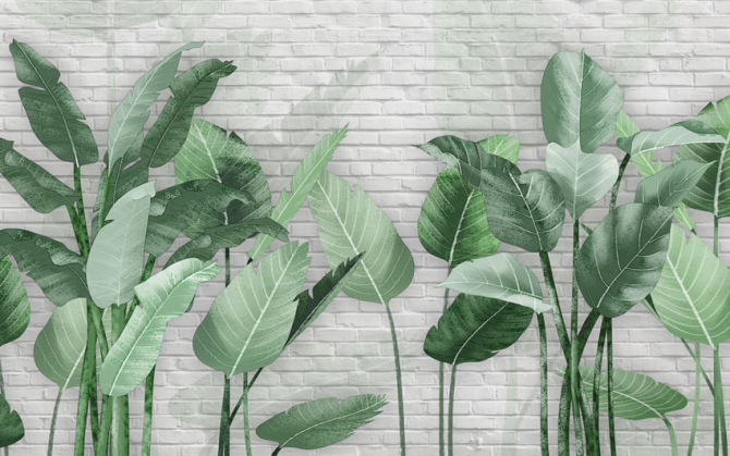 Фотошпалери Бананові листя на тлі цегляному