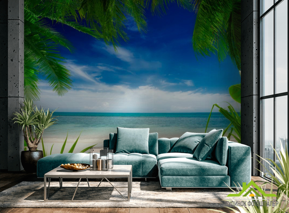 выбрать Фотошпалери Вид з-за пальми Фотошпалери Море на стіну