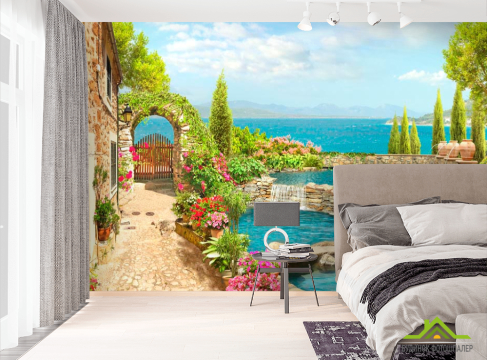 выбрать Фотошпалери Будинок, фонтан, море Фотошпалери Фрески на стіну