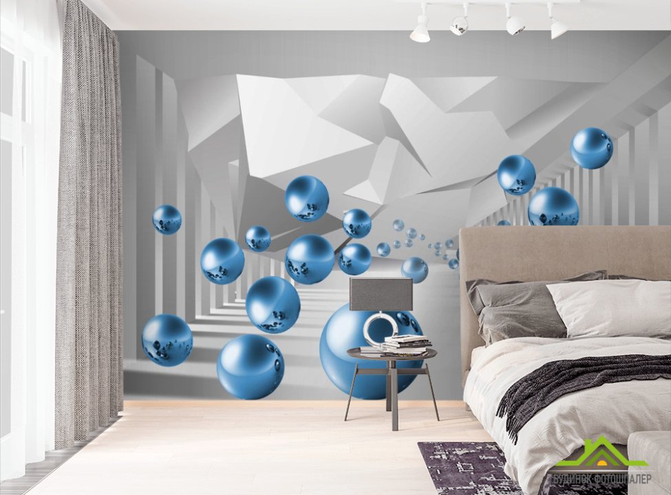 выбрать Фотообои синие шары в воздухе перспектива 3D фотообои расширяющие пространство на стену