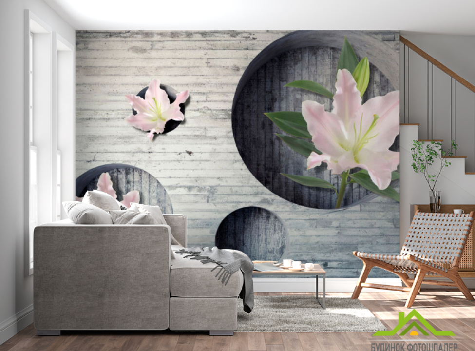 выбрать Фотообои Лилии в сером тоннеле 3D фотообои расширяющие пространство на стену